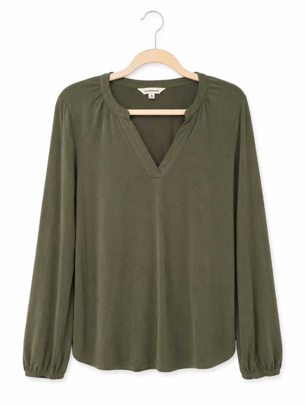 Lucky Brand Olive Green Boho Split Neck Long Sleeve Top Size M NWT
